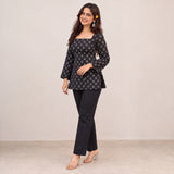 Black Floral Printed Short Kurti for Women with Square Neck & Lace-Up Back