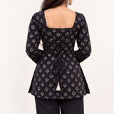 Black Floral Printed Short Kurti for Women with Square Neck & Lace-Up Back