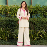 Ivory White Kurta Palazzo Set with Pink Lace Detailing for Women