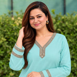 Aqua Blue Embroidered Kurta Palazzo Set for Women