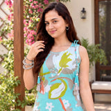 Aqua Blue Abstract Floral Sleeveless Kurta Palazzo Set