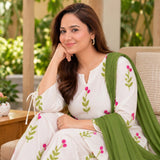 White Pink Floral Printed Kurta Palazzo Set with Green Dupatta