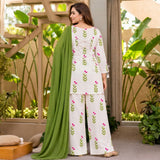 White Pink Floral Printed Kurta Palazzo Set with Green Dupatta