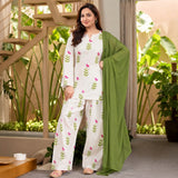 White Pink Floral Printed Kurta Palazzo Set with Green Dupatta