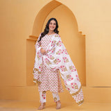 White Floral Printed Kurta Pant Set with Matching Dupatta