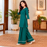 Teal Green Kurta Palazzo Set with White Lace Detailing for Women