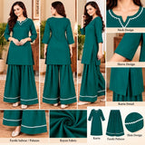 Teal Green Kurta Palazzo Set with White Lace Detailing for Women