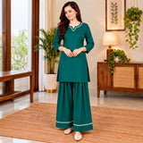 Teal Green Kurta Palazzo Set with White Lace Detailing for Women