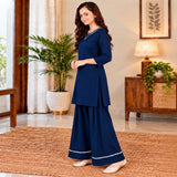 Navy Blue Kurta Palazzo Set with White Lace Detailing for Women