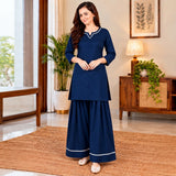 Navy Blue Kurta Palazzo Set with White Lace Detailing for Women