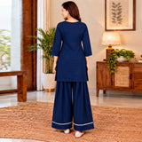 Navy Blue Kurta Palazzo Set with White Lace Detailing for Women