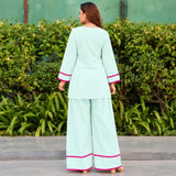 Mint Green Kurta Palazzo Set with Pink Lace Detailing for Women