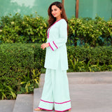 Mint Green Kurta Palazzo Set with Pink Lace Detailing for Women