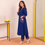 Navy Blue Embroidered Kurta Pant Set with Statement Pocket Detailing