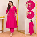 Rani Pink Embroidered Kurta Pant Set with Contrast Detailing