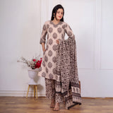 Peach Beige & Brown Floral Printed Kurta Pant Set with Dupatta