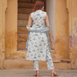 Ivory Blue Floral Printed Sleeveless Kurta Pant Set with Dupatta