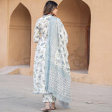 White & Blue Floral Printed Kurta Pant Set with Dupatta