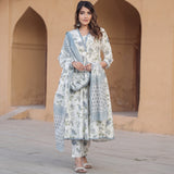 White & Blue Floral Printed Kurta Pant Set with Dupatta