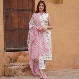 White & Pink Floral Printed Suit Set with Elegant Dupatta