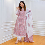 Pink & White Printed Kurta Set with Lace Detailing & Dupatta