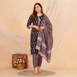 Black Floral Motif Printed Suit Set with Pink Border Dupatta