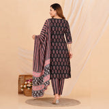 Black Floral Motif Printed Suit Set with Pink Border Dupatta