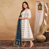 Ivory Floral Printed Anarkali Suit Set with Navy Blue Dupatta