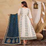 Ivory Floral Printed Anarkali Suit Set with Navy Blue Dupatta