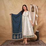 Ivory Floral Printed Anarkali Suit Set with Navy Blue Dupatta