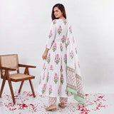 White Floral Printed Anarkali Kurta Set with Matching Pants & Dupatta