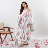 White Floral Printed Anarkali Kurta Set with Matching Pants & Dupatta