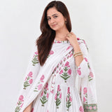 White Floral Printed Anarkali Kurta Set with Matching Pants & Dupatta