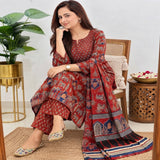 Rust Red Traditional Printed Kurta Set with Dupatta & Matching Pants