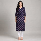 Women’s Navy Blue Floral Printed Straight Kurti