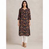 Women’s Navy Blue Floral Printed Straight Kurti