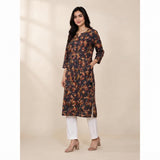 Women’s Navy Blue Floral Printed Straight Kurti