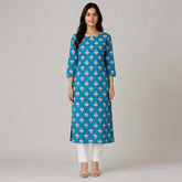 Women’s Teal Blue Floral Printed Straight Kurti