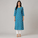 Women’s Teal Blue Floral Printed Straight Kurti