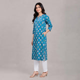 Women’s Teal Blue Floral Printed Straight Kurti