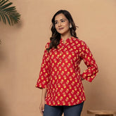 Red Floral Printed Taj Cotton Short Kurti