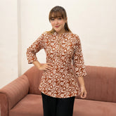 Rust Brown Floral Printed Taj Cotton Short Kurti