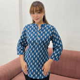 Blue Paisley Printed Taj Cotton Short Kurti