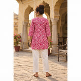 Pink Floral Printed Taj Cotton Short Kurti
