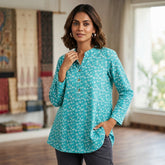 Turquoise Floral Printed Taj Cotton Short Kurti