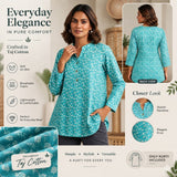 Turquoise Floral Printed Taj Cotton Short Kurti