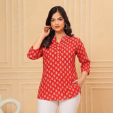 Red Floral Printed Taj Cotton Short Kurti