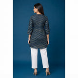 Navy Blue Floral Printed Taj Cotton Short Kurti