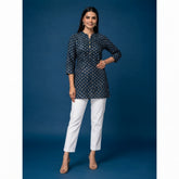 Navy Blue Floral Printed Taj Cotton Short Kurti