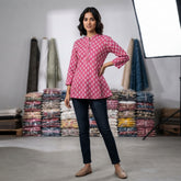 Pink Floral Printed Taj Cotton Short Kurti
